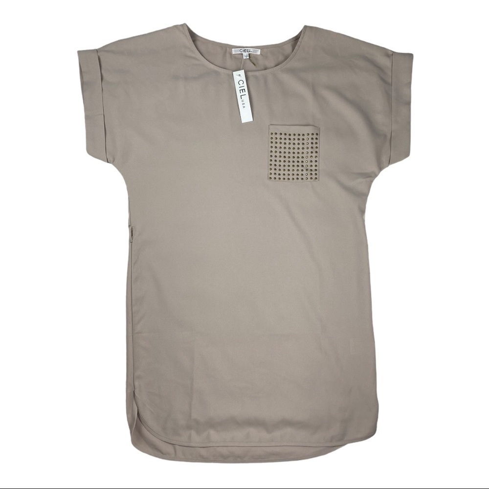 Ciel Tan Tunic Top with Studded Pocket Size Small